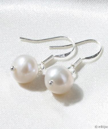Fehér, tenyésztett gyöngy fülbevaló, 925-ös ezüst akasztóval
