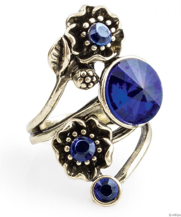 Absztrakt virág gyűrű, kék kristályokkal, ezüstszínű fémből, 19 mm