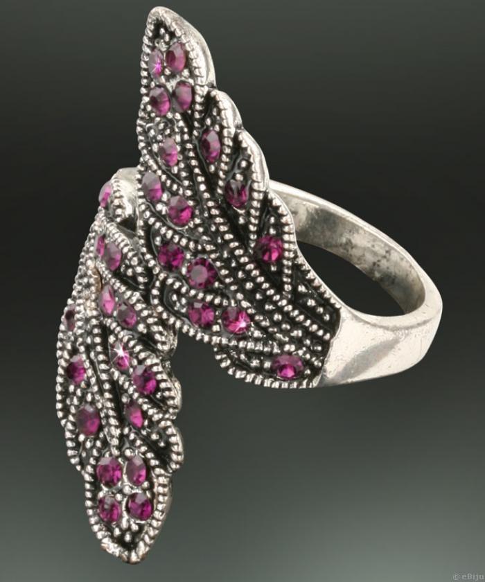 Két levélből álló gyűrű, lila kristályokkal (18 mm)