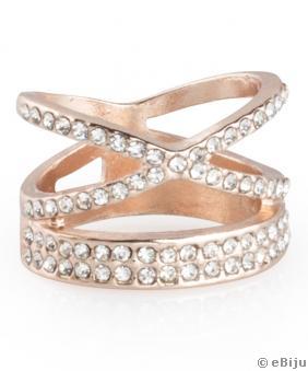 Rózsaszín aranszínű dupla gyűrű, fehér kristályokkal