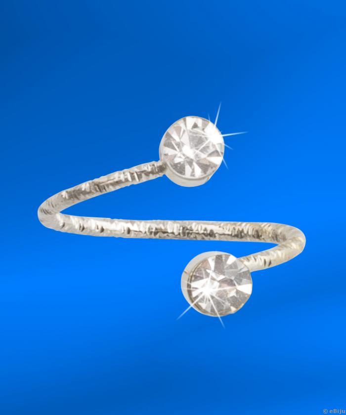 Ujjvég gyűrű, 2 fehér kristállyal, ezüstszínű recés fémből