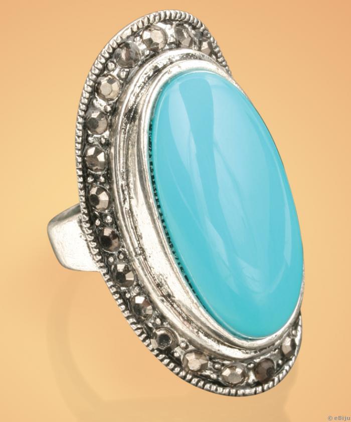 Világoskék, ovális gyűrű antik stílusú ezüstszínű fémből (17 mm)