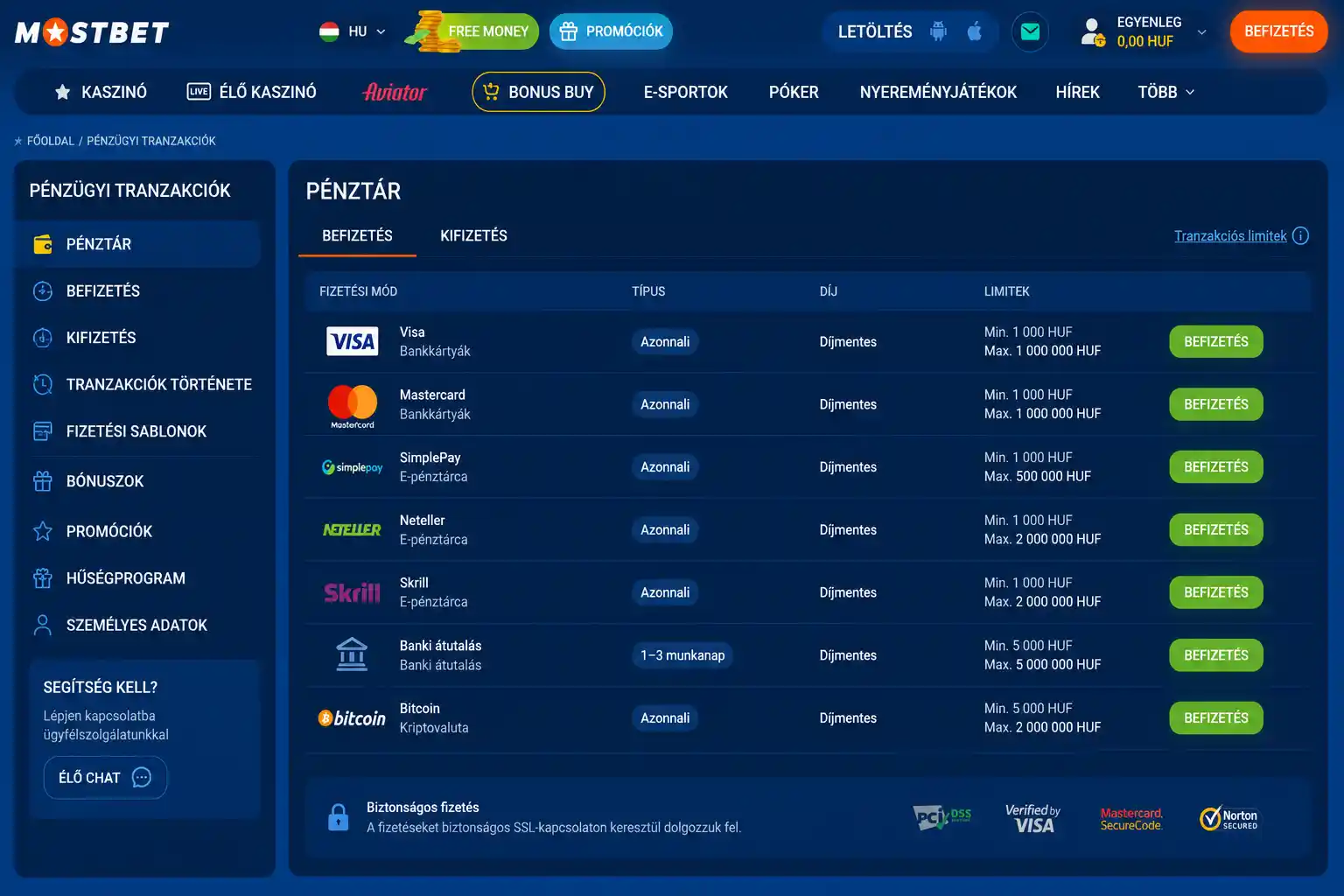 Mostbet pénztár felülete fizetési módokkal