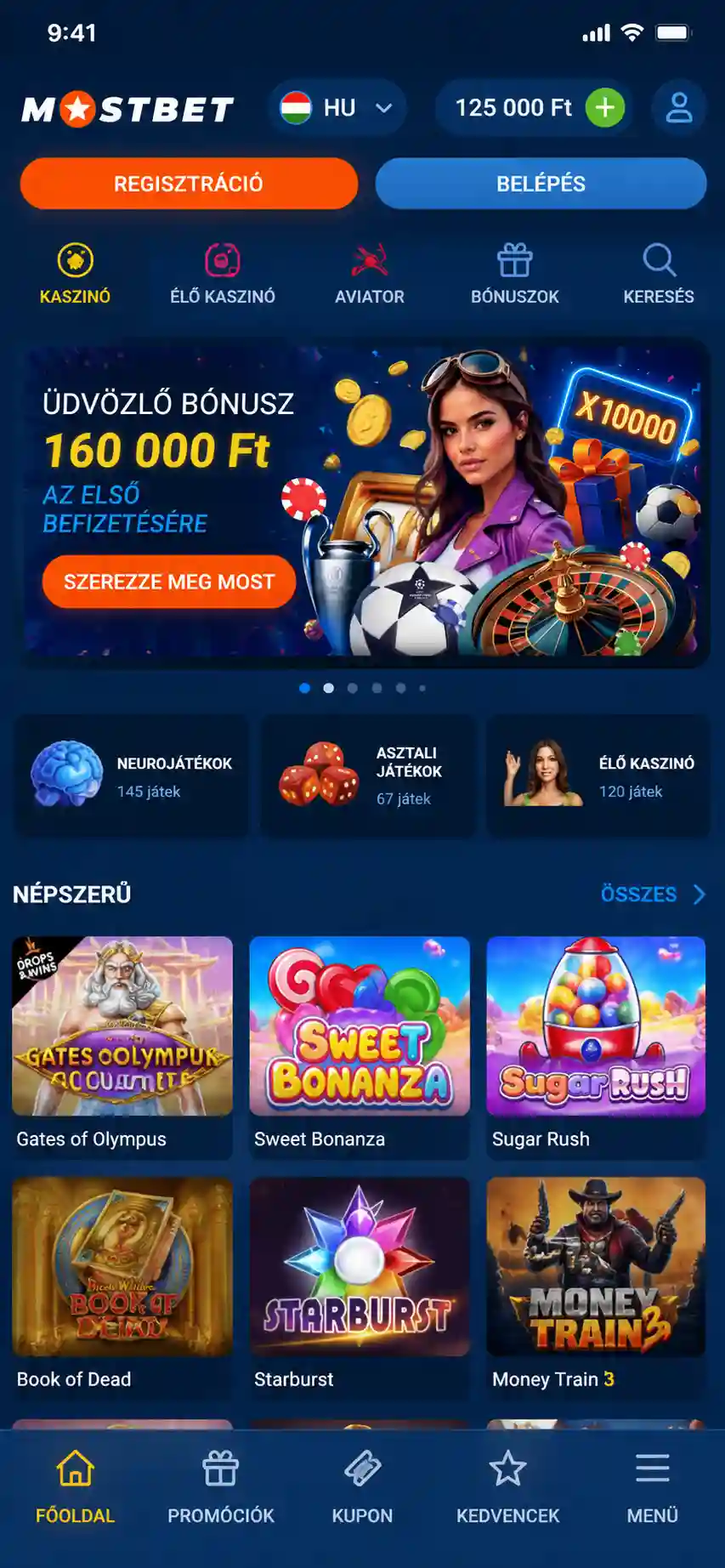 Mostbet kaszinó főoldalának kategória-menüje