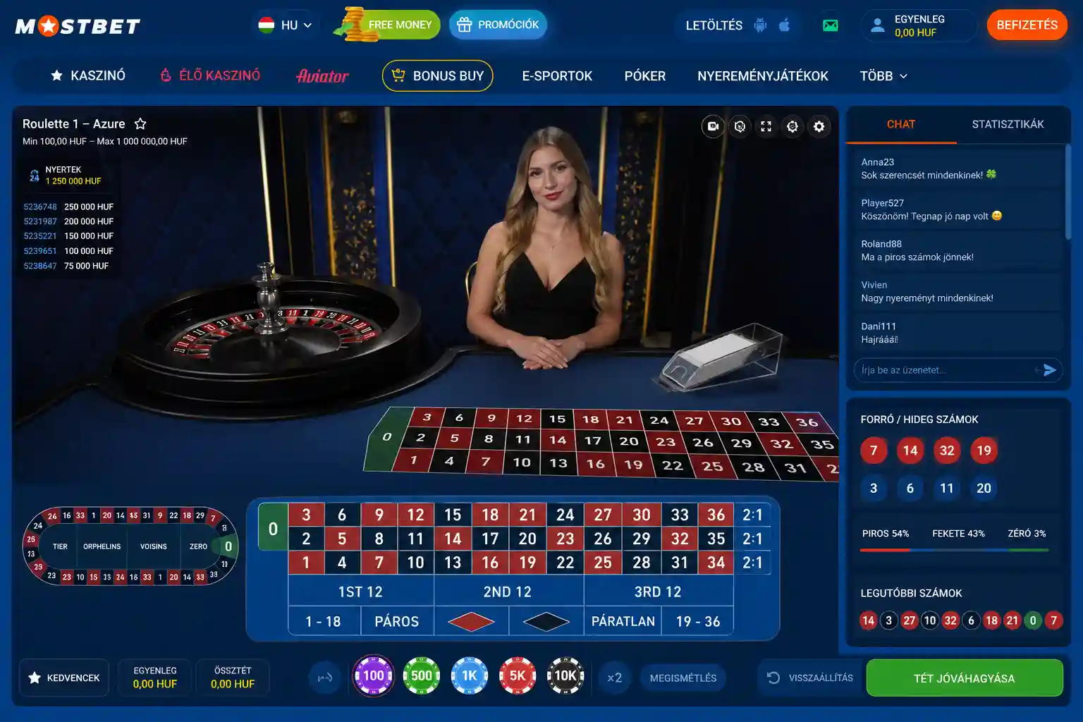 Mostbet élő kaszinó felülete rulett asztallal