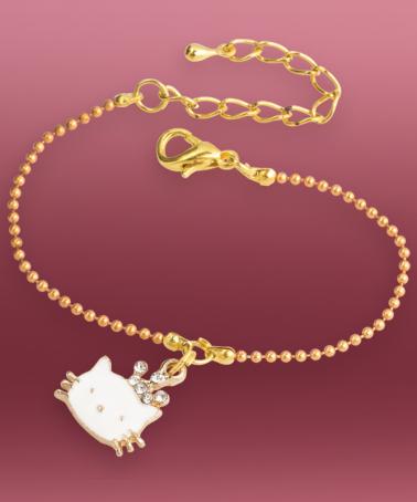 Hello Kitty karkötő, aranyszínű fém fehér kristályokkal