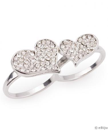 Kétujjas szív gyűrű, ezüstszínű fém kristályokkal