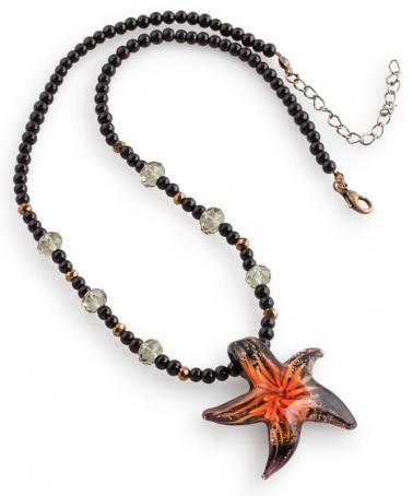 Narancssárga-fekete nyakék, üvegből készült csillámos tengeri csillag medállal