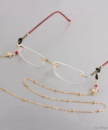 Rózsaszín-aranyszínű szemüvegtartó lánc, kristályokkal