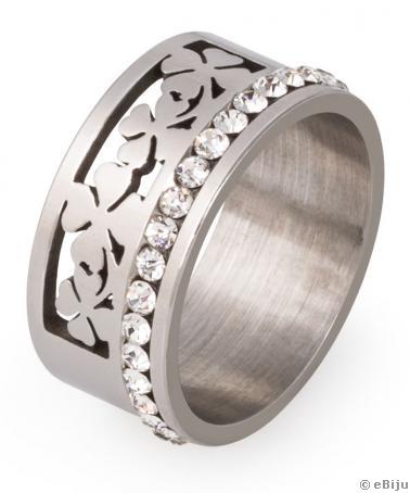 Rozsdamentes acél gyűrű, kivágott négylevelű lóhere formákkal