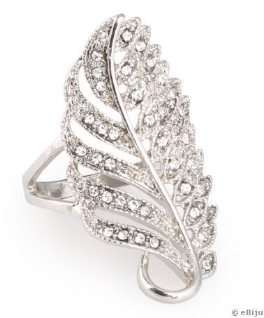 Stilizált toll formájú ezüstszínű gyűrű, kristályokkal