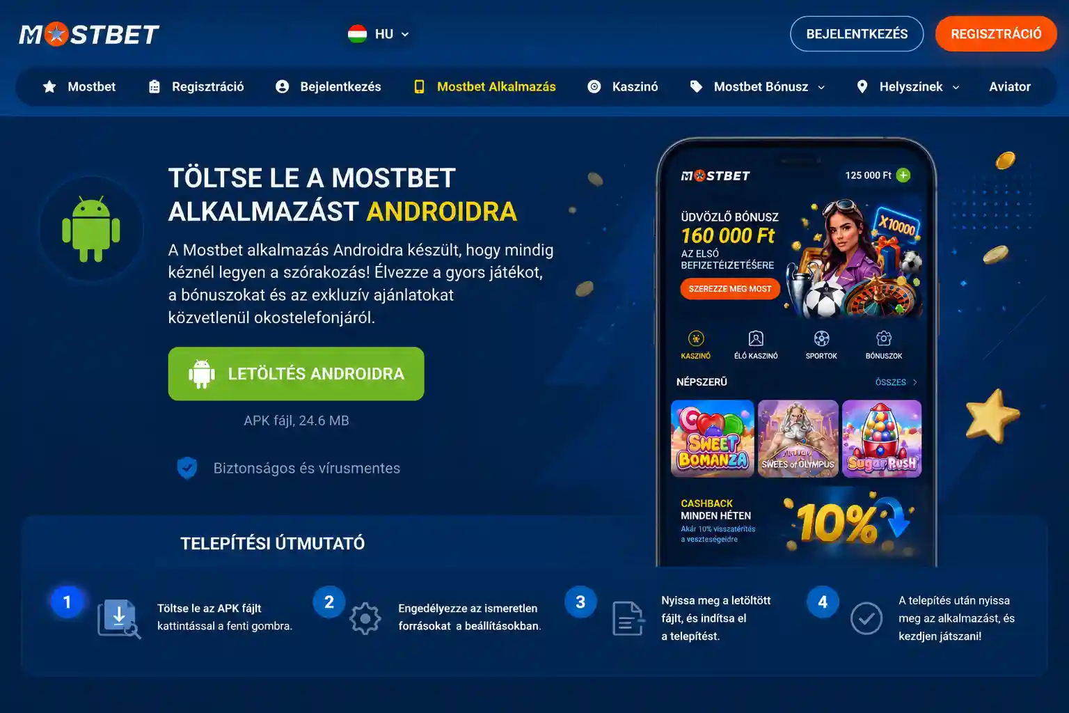 Mostbet hivatalos weboldal letöltési szekciója Android ikonnal