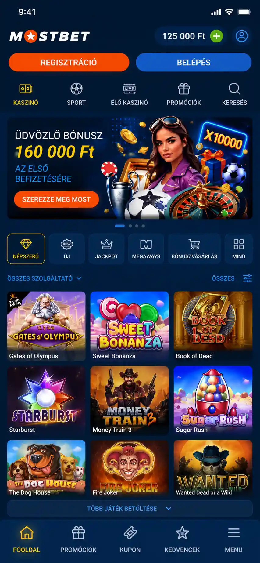 Mostbet mobil kaszinó felülete, nyerőgépek kategóriái