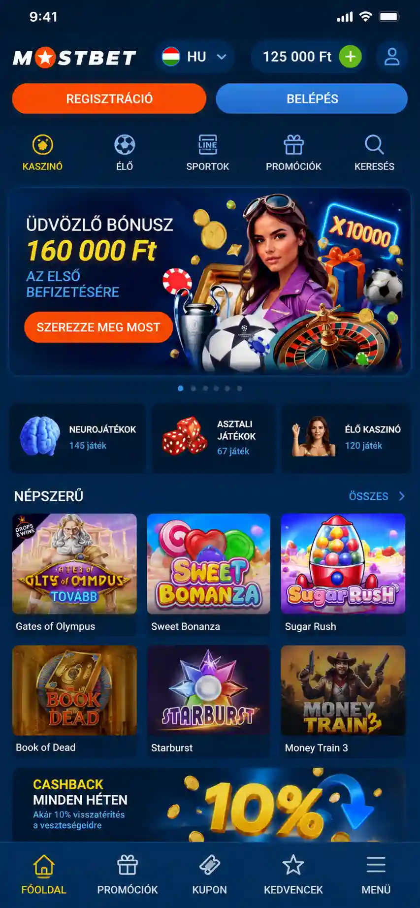 Mostbet mobilalkalmazás főképernyője okostelefonon