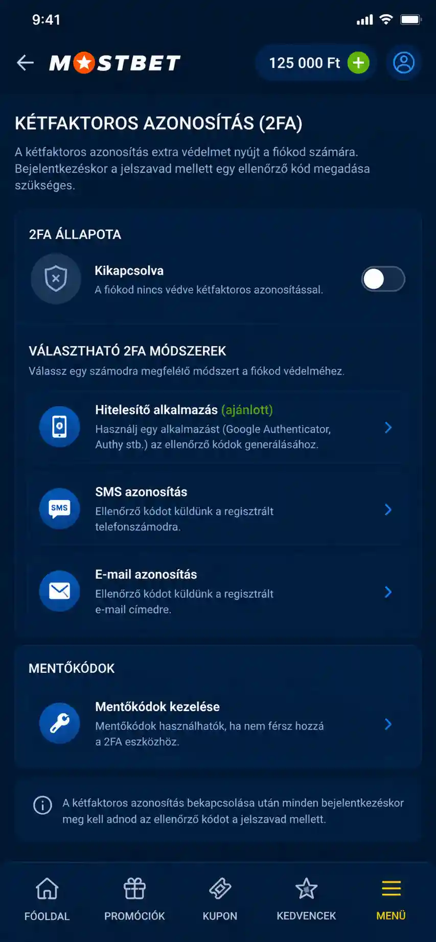 Kétlépcsős azonosítás beállítási képernyője a mobilalkalmazásban