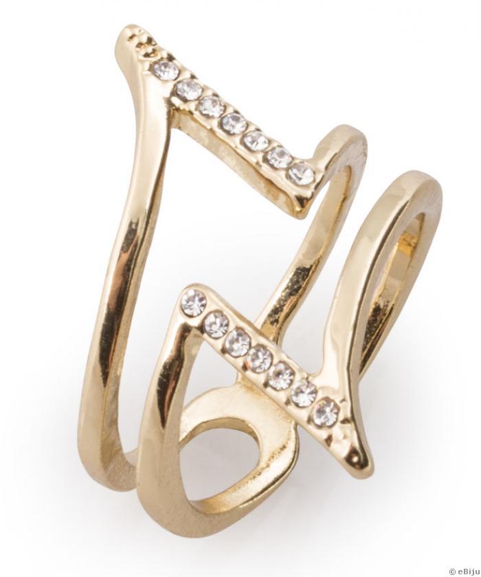 Absztrakt formájú, aranyszínű gyűrű, kristályokkal, 18 mm