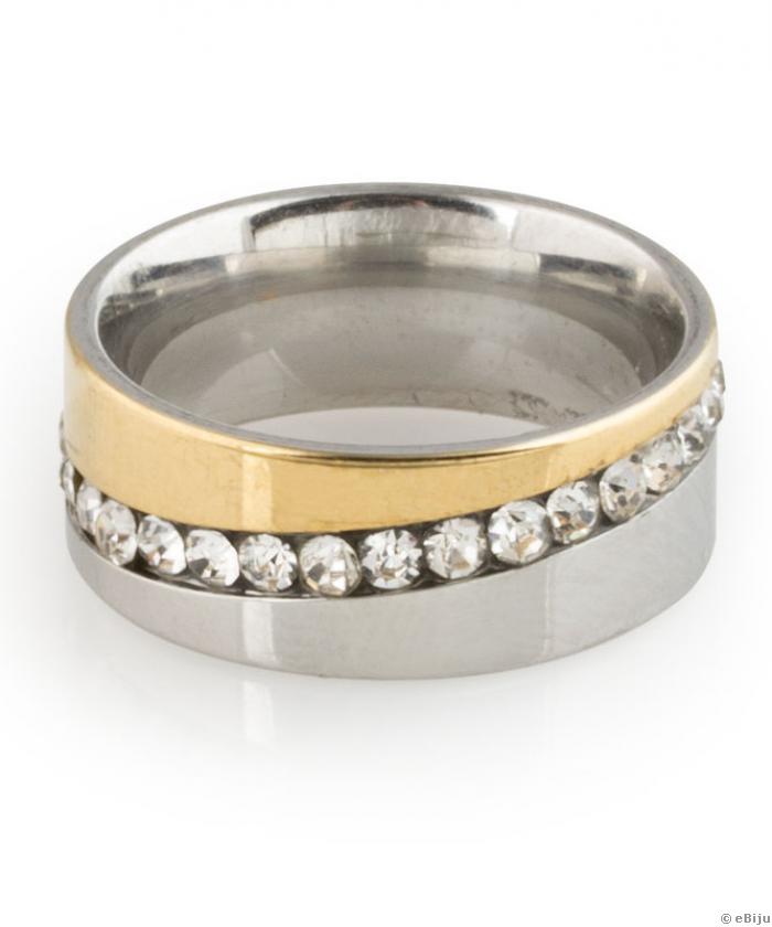 Arany-ezüst színű, rozsdamentes acél gyűrű, kristályokkal, 17 mm