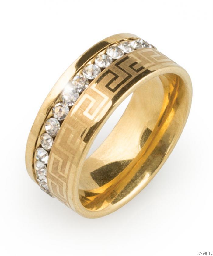 Aranyszínű gyűrű, görög motívumokkal és kristályokkal, 19 mm