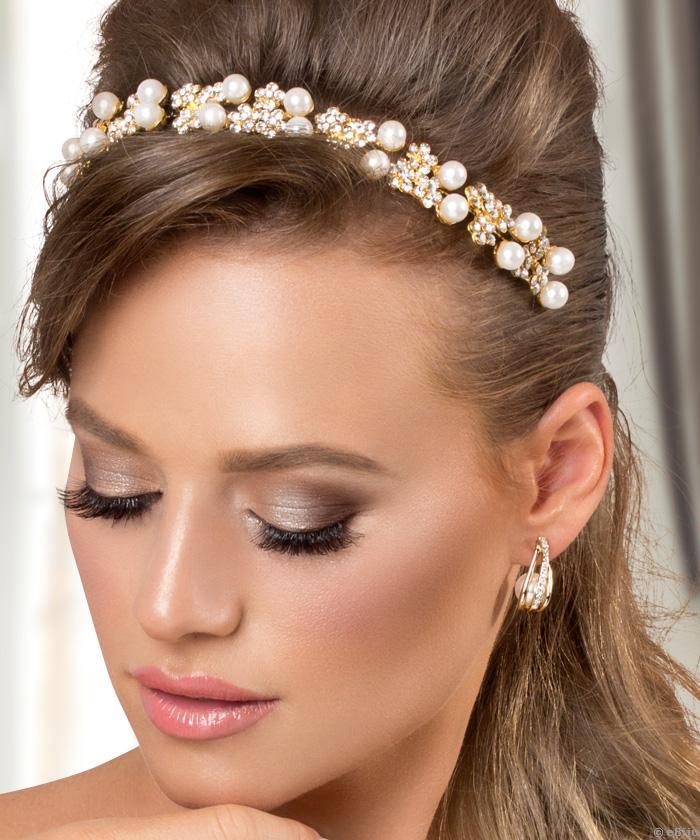Aranyszínű menyasszonyi hajékszer, kristály virágok és üveggyöngyök