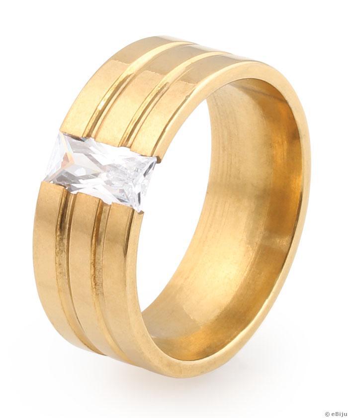 Aranyszínű nemesacél gyűrű, téglalap kristállyal, 19 mm