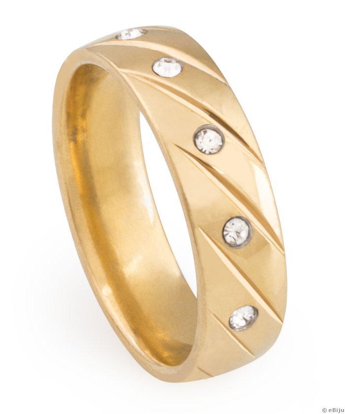 Aranyszínű rozsdamentes acél gyűrű, fehér kristályokkal