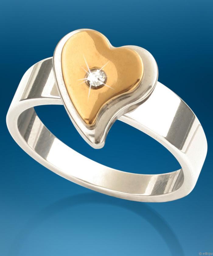 Aranyszínű szív gyűrű fehér kristállyal, 20mm