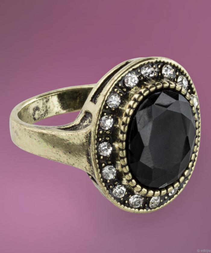 Bronzszínű gyűrű, fekete és fehér kristályokkal, 18 mm
