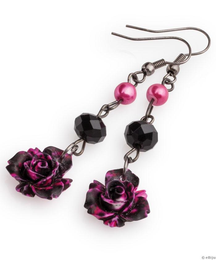 Ciklámenrózsaszín-fekete rózsás fülbevaló