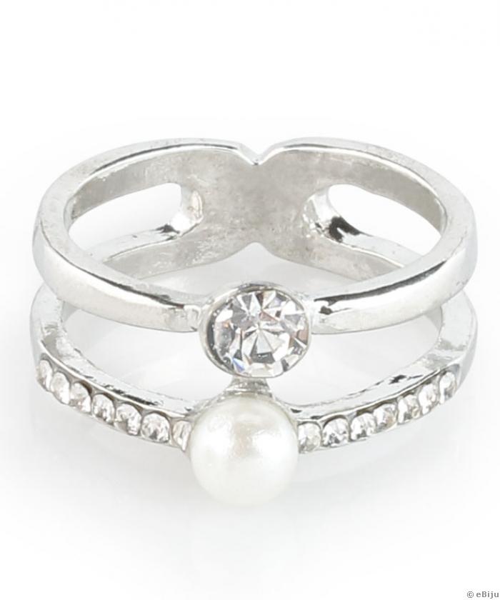 Ezüstszínű dupla gyűrű, kristályokkal és üveggyönggyel, 17 mm