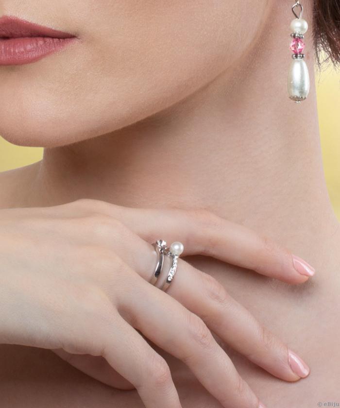 Ezüstszínű dupla gyűrű, kristályokkal és üveggyönggyel, 17 mm