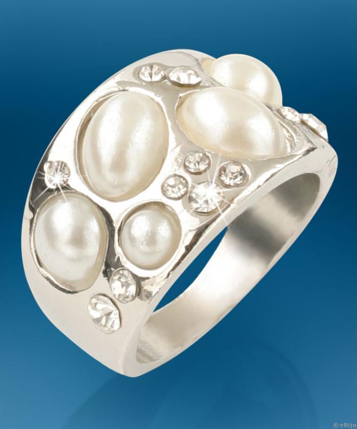 Ezüstszínű fém gyűrű fehér üveggyöngyökkel és kristályokkal, 17mm