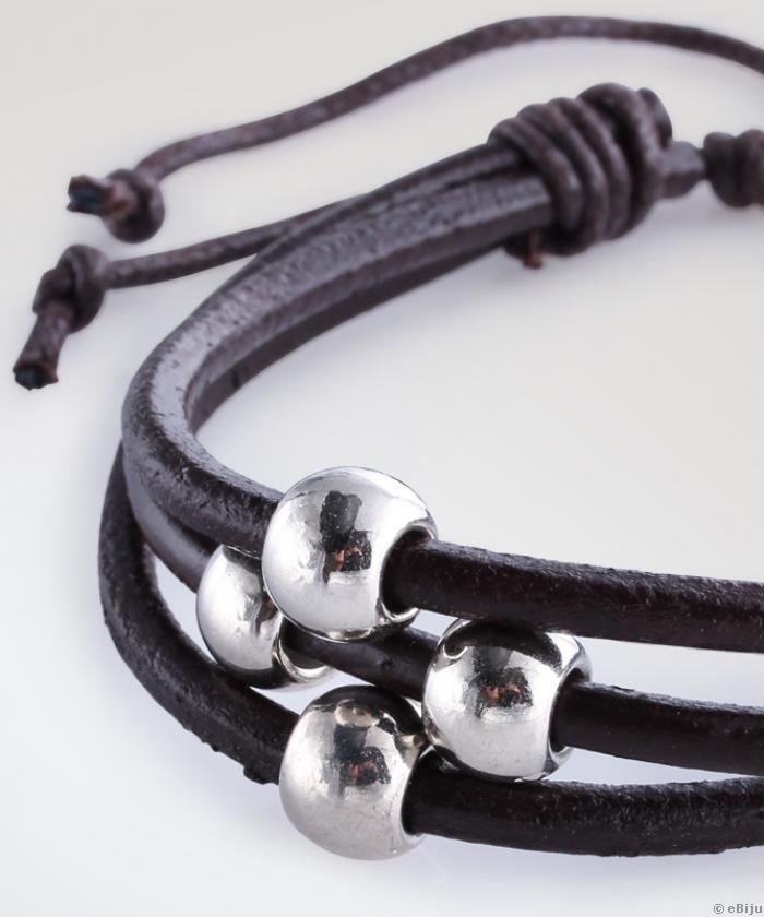 Fekete karkötő természetes bőrből, textil fonalból és ezüstszínű gyöngyökből
