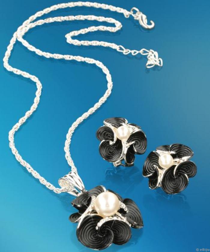 Fekete virág nyaklánc és fülbevalószett fehér üveggyönggyel és strasszokkal