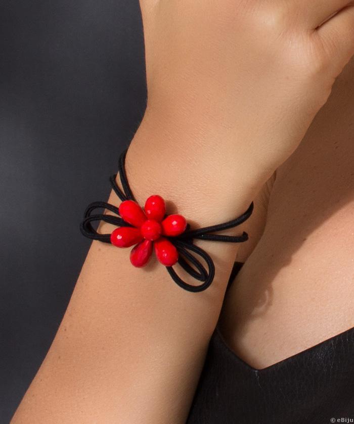 Karkötő/hajgumi fekete elasztikus szálból, piros kristályos virággal