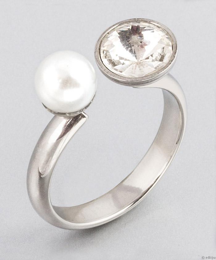 Nyitott ezüstszínű nemesacél gyűrű, kristály üveggyönggyel, 16 mm