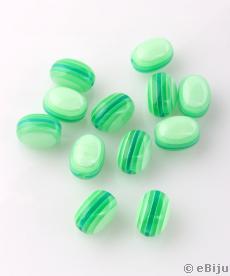 Ovális műgyanta gyöngy, csíkos, zöld, 1 x 1.3 cm