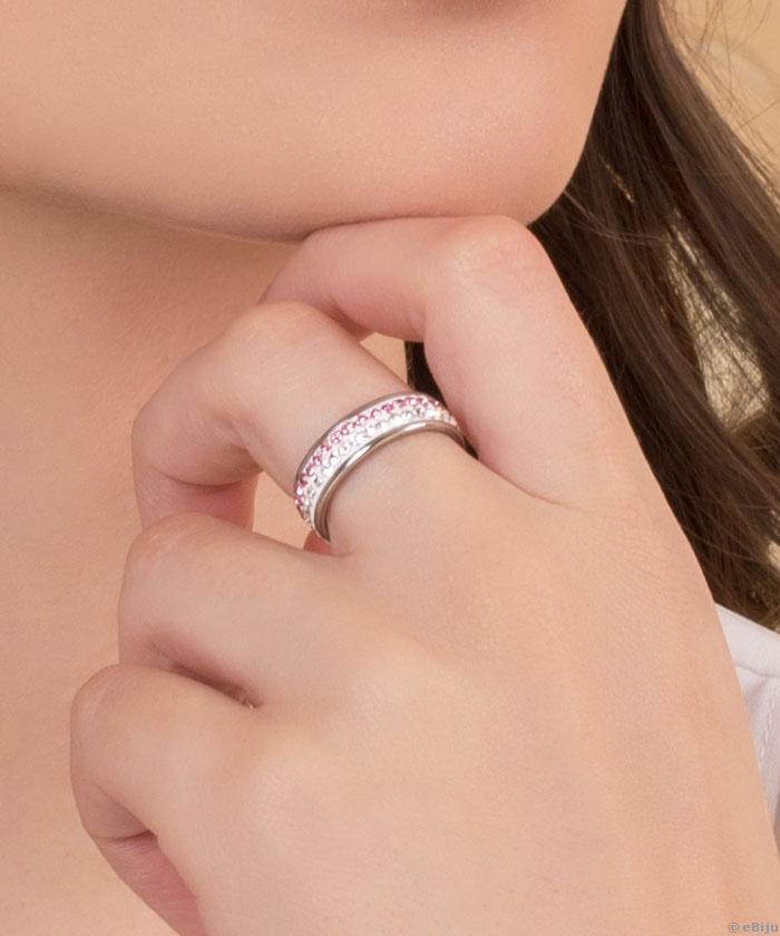 Rózsaszín-fehér kristályos, shamballa típusú gyűrű, 17.5 mm