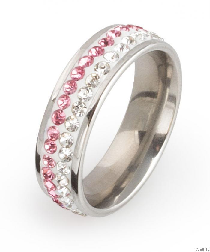 Rózsaszín-fehér kristályos, shamballa típusú gyűrű, 19 mm