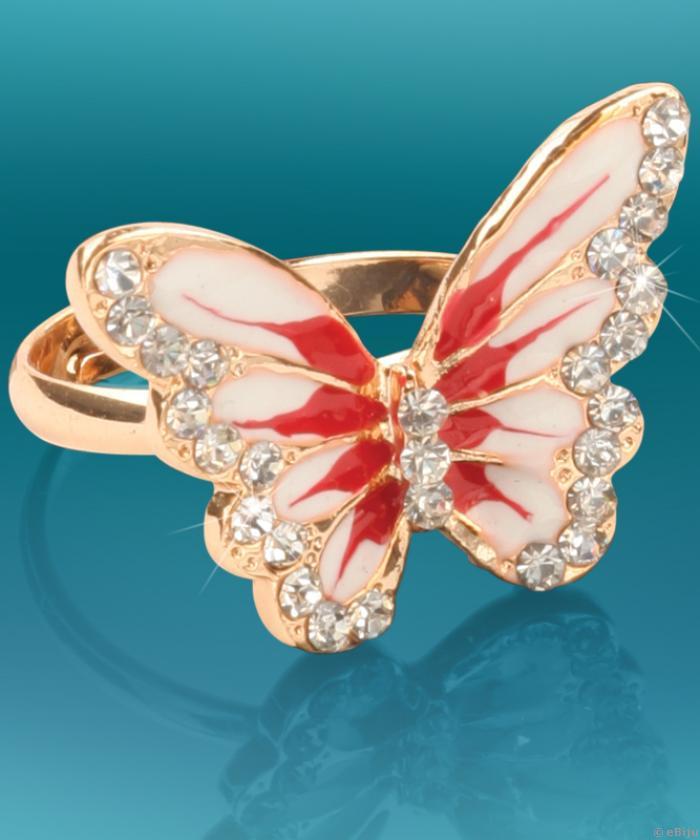 Rózsaszín pillangó gyűrű, aranyszínű fémből