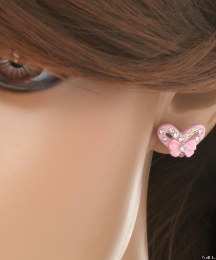 Rózsaszín, szív alakú, strasszos fülbevaló