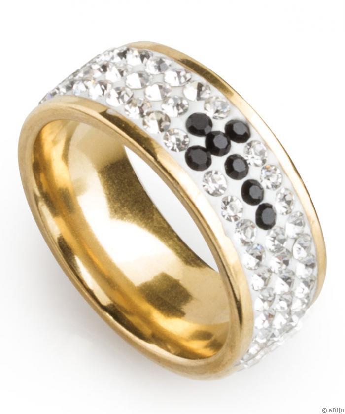 Shamballa típusú gyűrű, aranyszínű, rozsdamentes acél kristályokkal, 18 mm